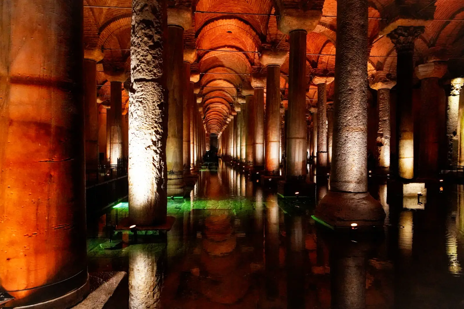 The long axis of the cistern, arch after arch receding, the columns mirrored in the flooded floor.